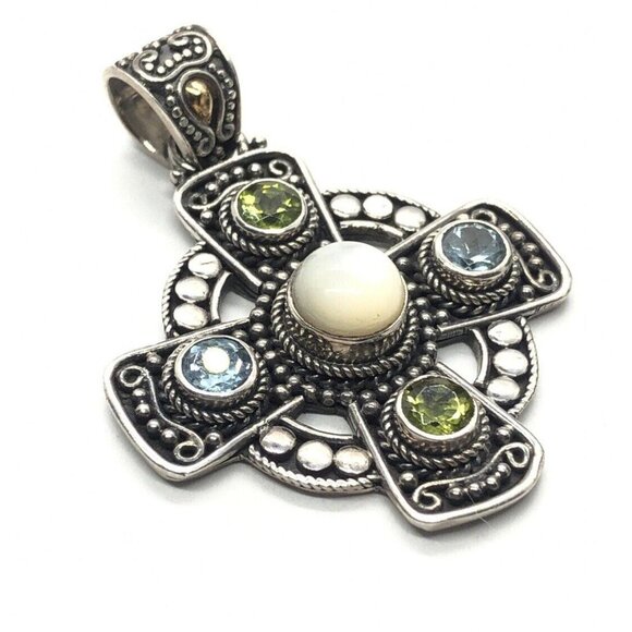 18k Gold and Sterling Silver Pendant Cross Bali Suarti Signed Topaz Peridot - Picture 5 of 7